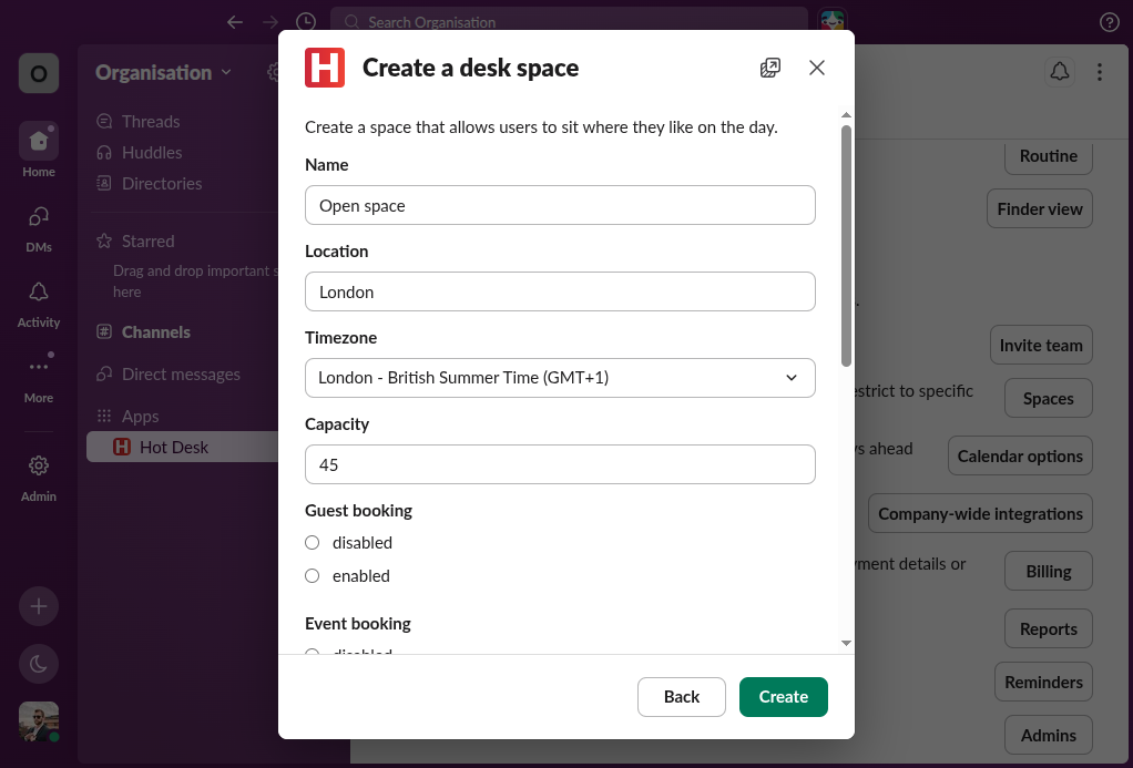 Create desk space form in Hot Desk app