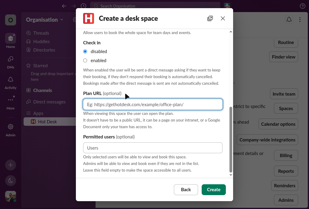 Create desk space form with plan URL in Hot Desk app