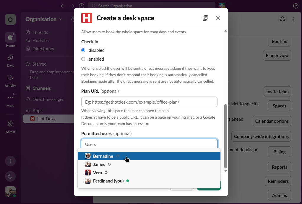 Permitted users dropdown in Hot Desk app