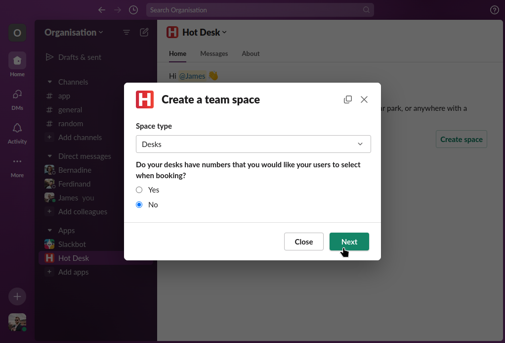 Image of the create space form with the 'Desks' option highlighted in Hot Desk for Slack