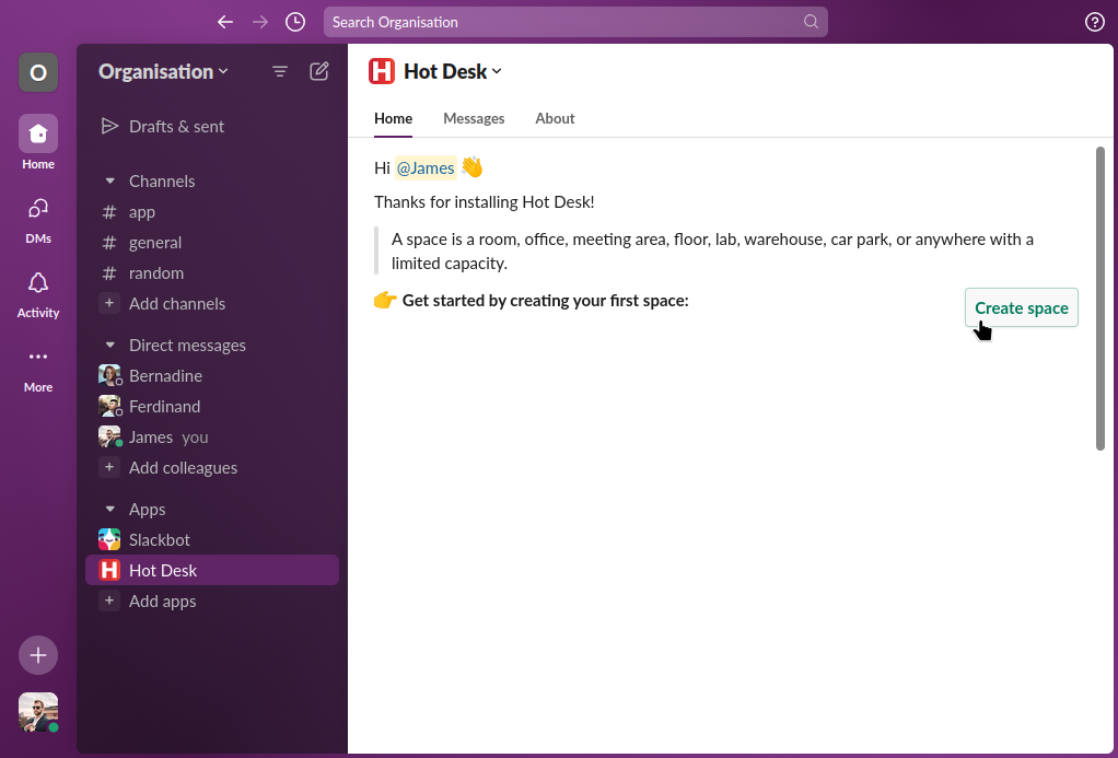 Image of the welcome screen in Hot Desk for Slack with the create space button highlighted
