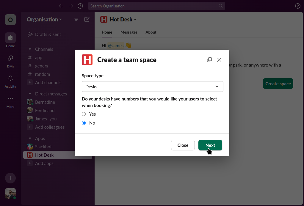 Image of the create space form with the 'Desks' option highlighted in Hot Desk for Slack