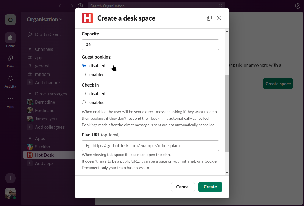 Creating your first desks space and selecting guest booking to be disabled