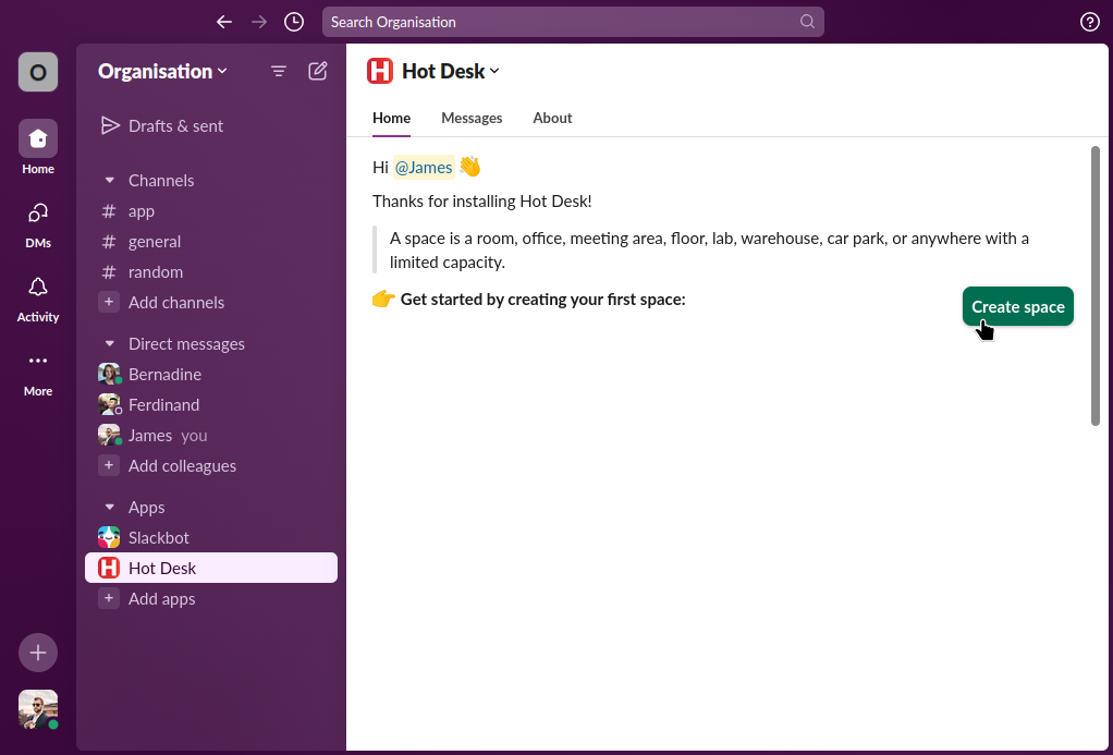 Image of the welcome screen in Hot Desk for Slack with the create space button highlighted