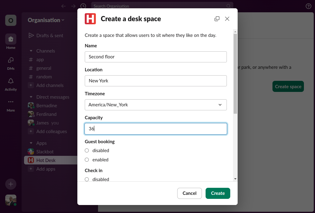 Image of create desks space form in Hot Desk app