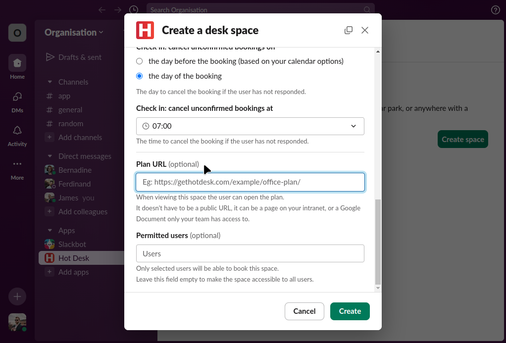 Image of create numbered desk space form with plan URL in Hot Desk app