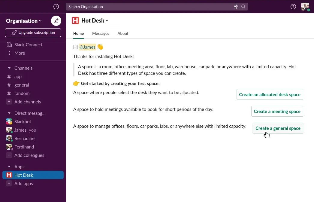 Image of the welcome screen with the 'Create a general space' button highlighted in Hot Desk for Slack
