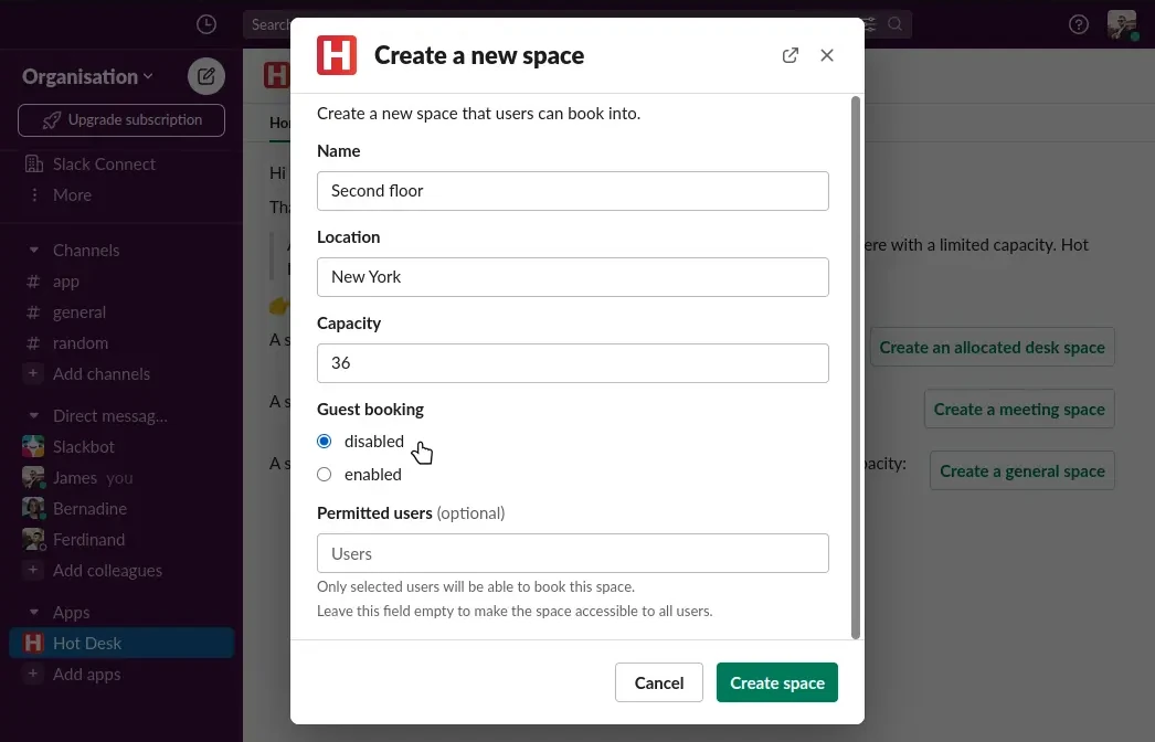 Creating your first general space and selecting guest booking to be disabled