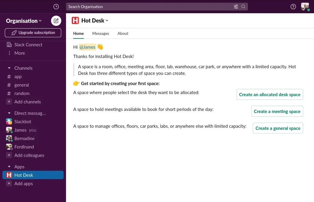 Image of the welcome screen in Hot Desk for Slack