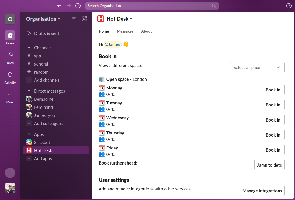 Image of Hot Desk app within Slack