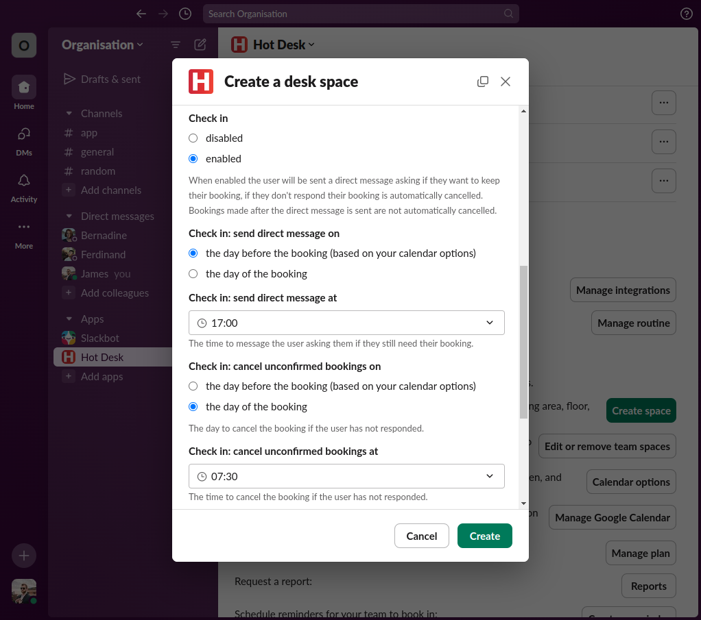 Options to enable a check in message to be sent to booked users