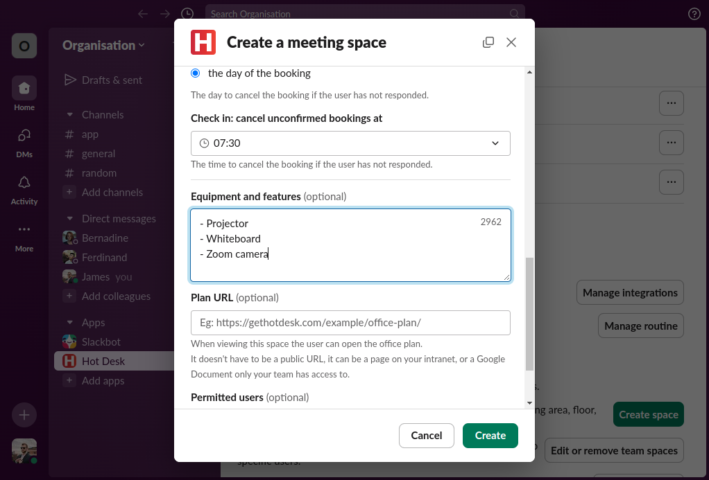 Image of create meeting space form in Hot Desk app