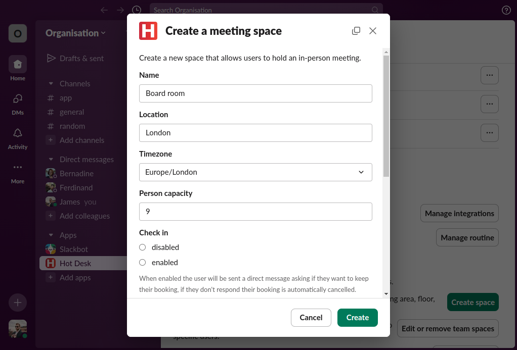 Image of create meeting space form in Hot Desk app