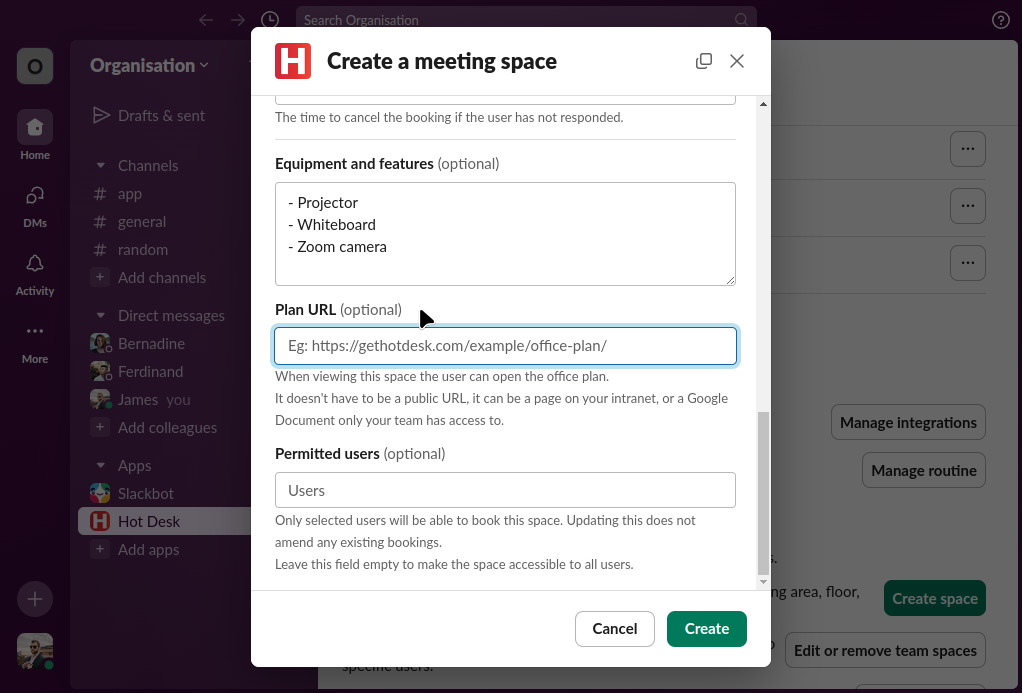 Image of create numbered desk space form with plan URL in Hot Desk app