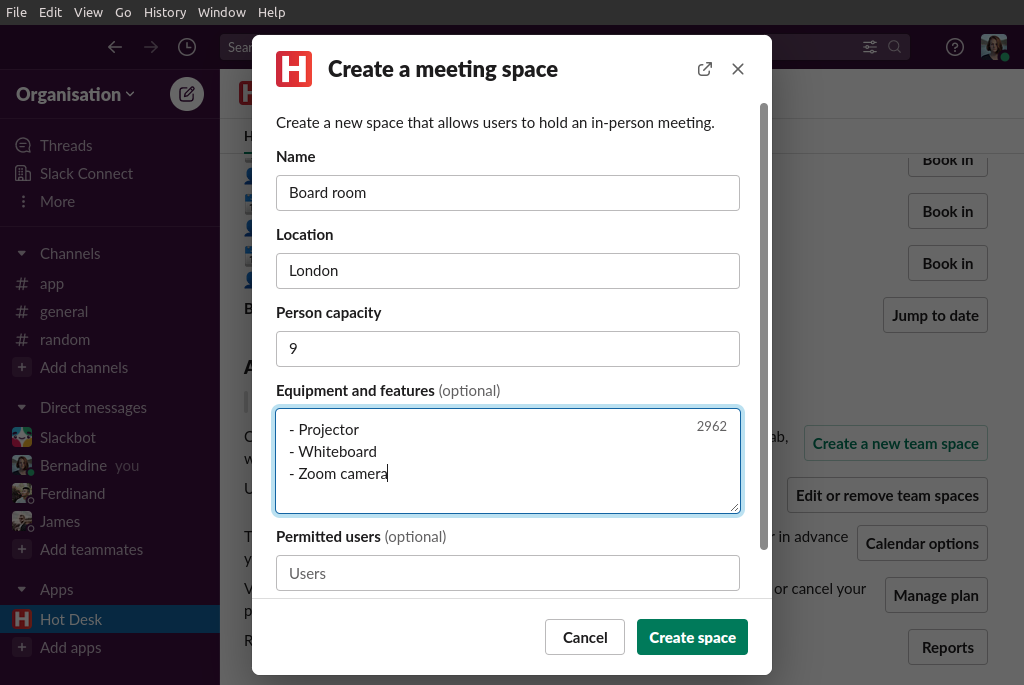 Image of create meeting space form in Hot Desk app