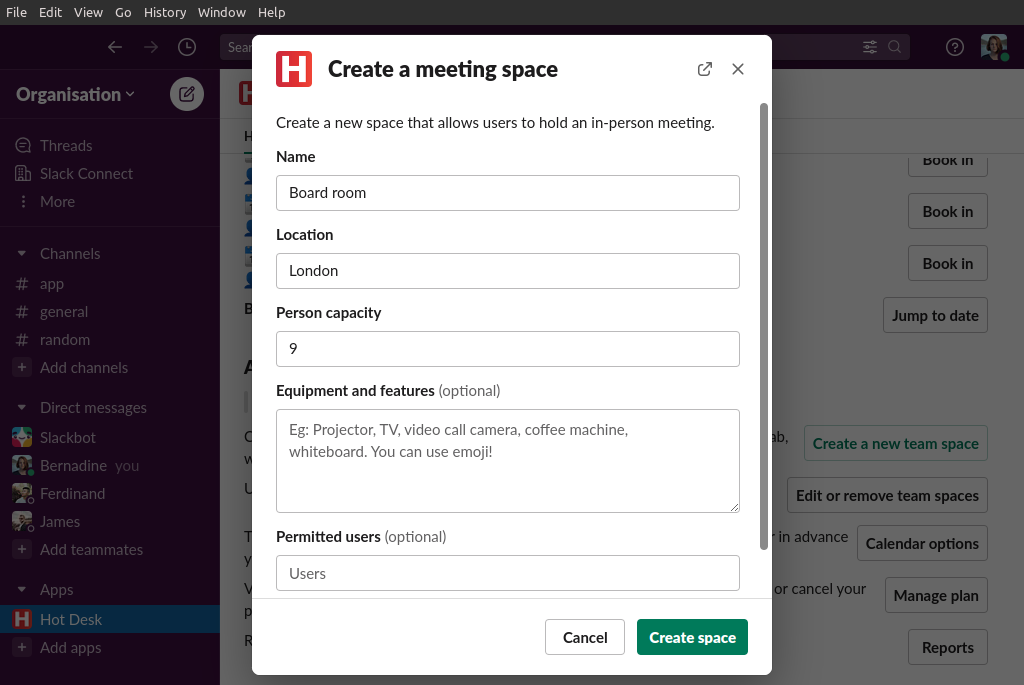 Image of create meeting space form in Hot Desk app