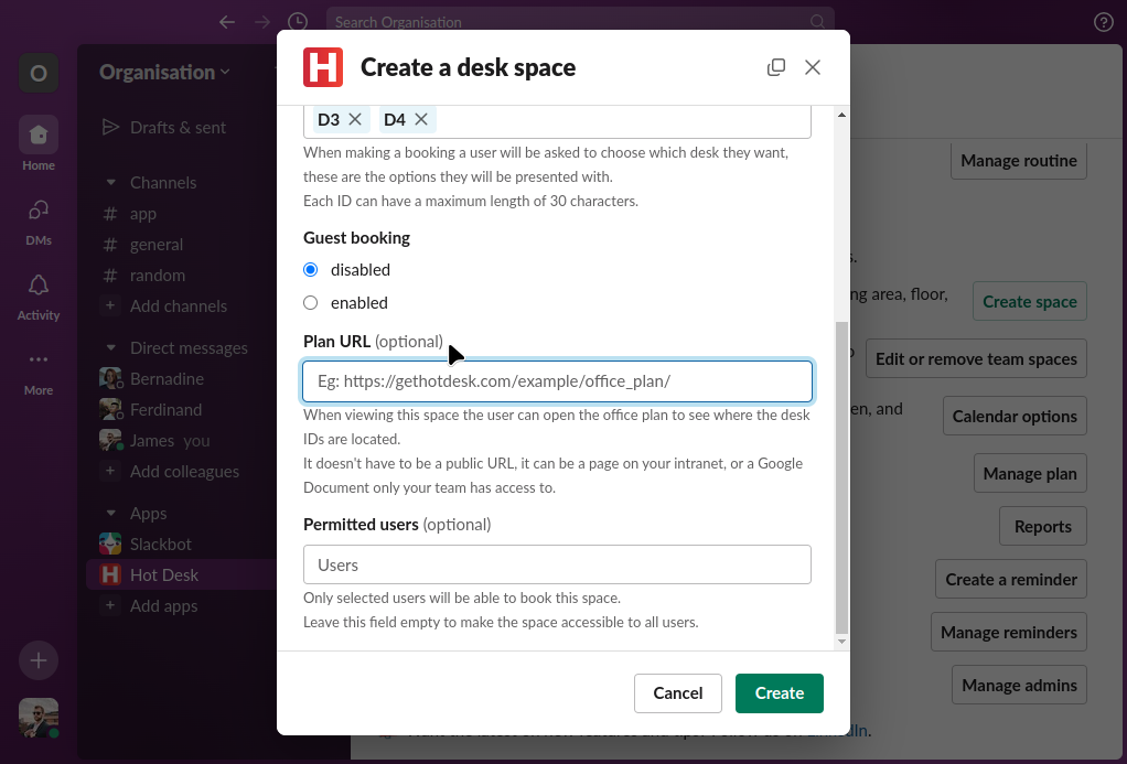 Image of create numbered desk space form with plan URL in Hot Desk app