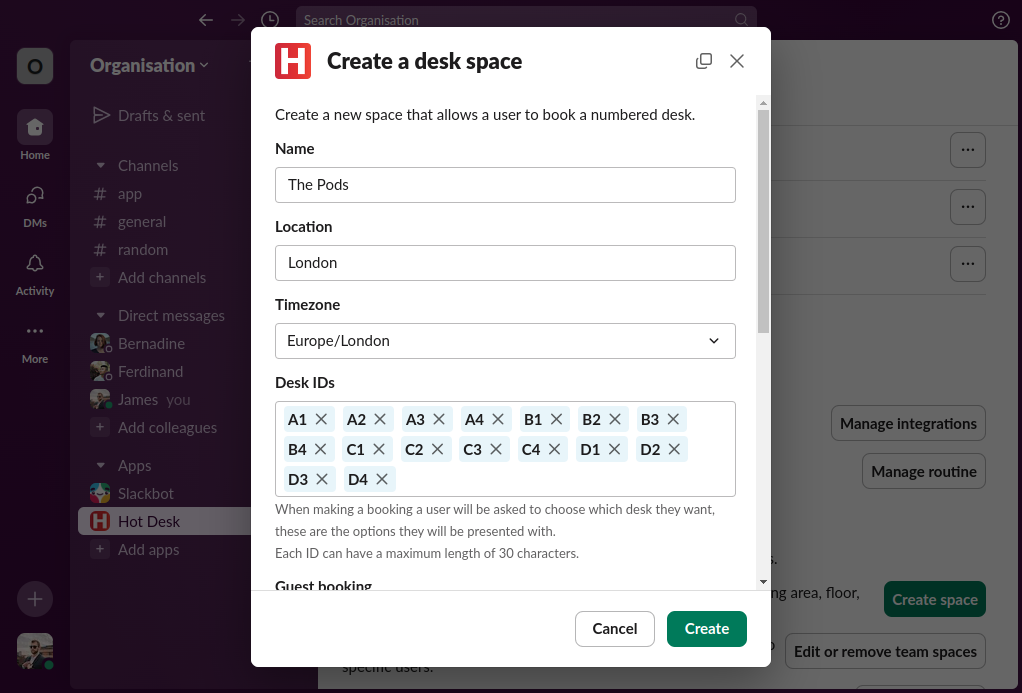 Image of create numbered desk space form in Hot Desk app