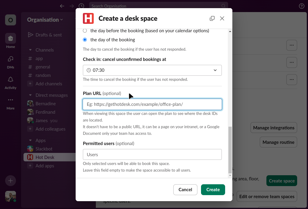 Image of create numbered desk space form with plan URL in Hot Desk app