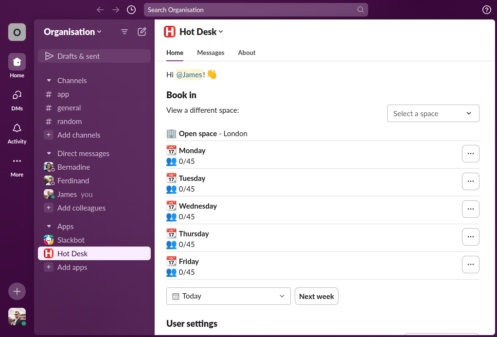 Image of Hot Desk app within Slack