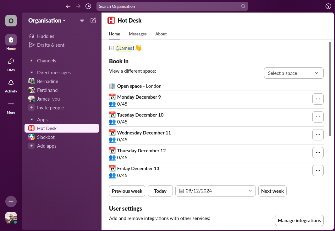 Hot Desk app within Slack