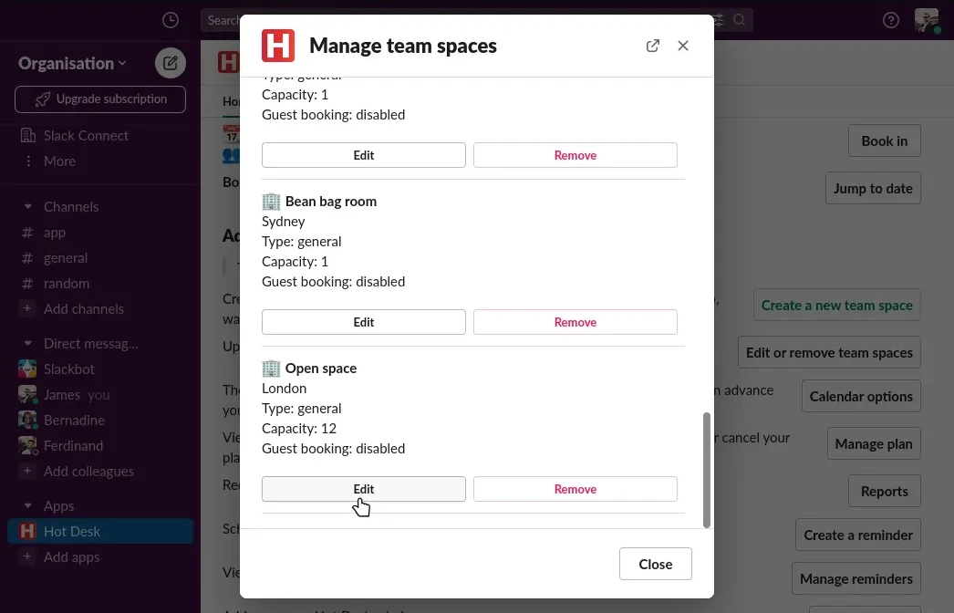 Image of Hot Desk app with pointer on button to edit a workspace