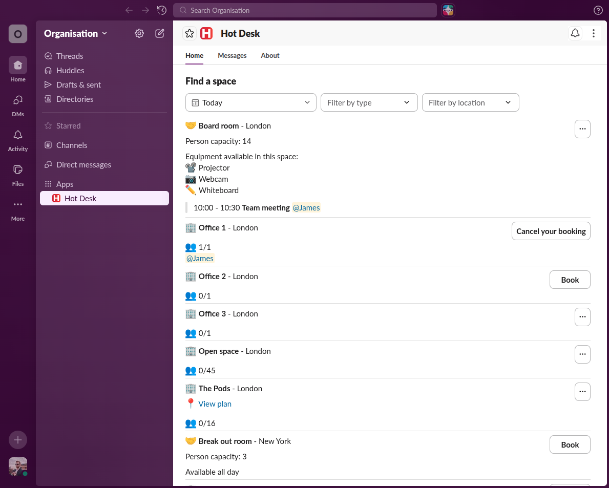 An office schedule with a desk booking.