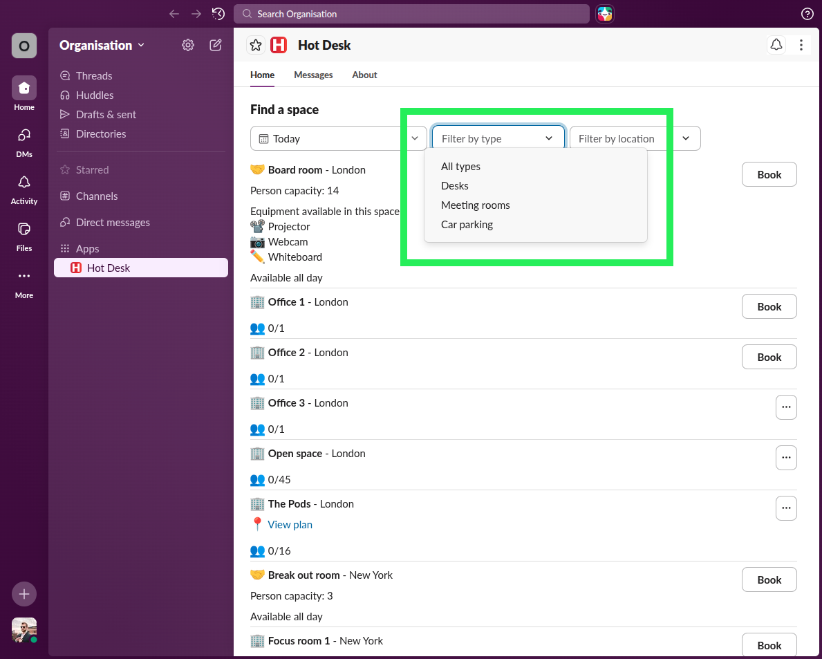 Booking type filter dropdown highlighted