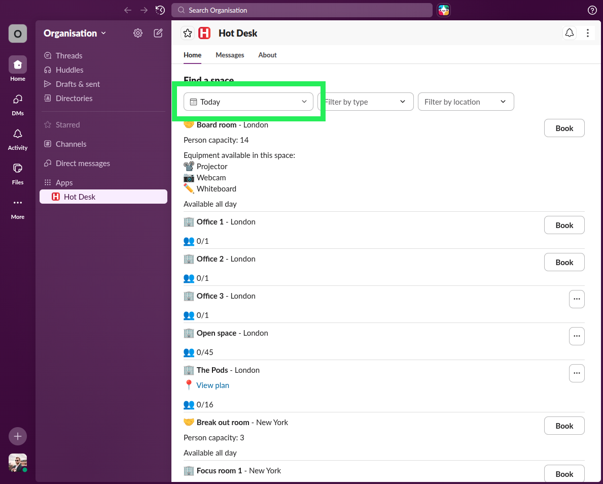 Hot Desk space finder date selection dropdown highlighted