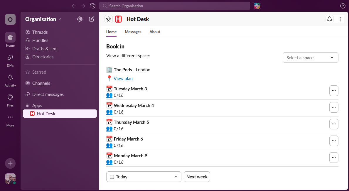 Hot Desk home screen within Slack