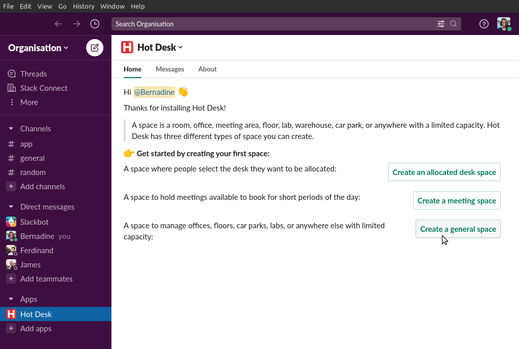 Image of the welcome screen with the 'Create a general space' button highlighted in Hot Desk for Slack