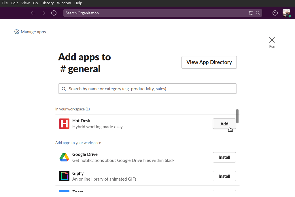Image of adding the Hot Desk app as an integration in the general channel in Slack