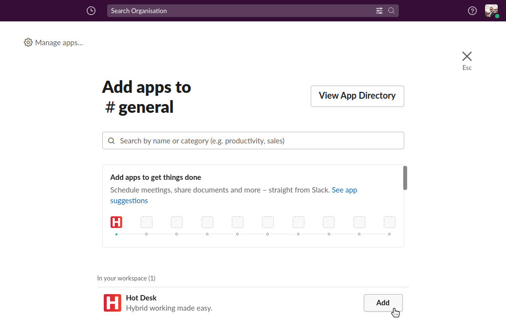 Image of adding the Hot Desk app as an integration in the general channel in Slack