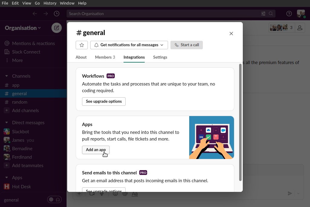 Image of channel integrations tab with the add app button highlighted in Slack