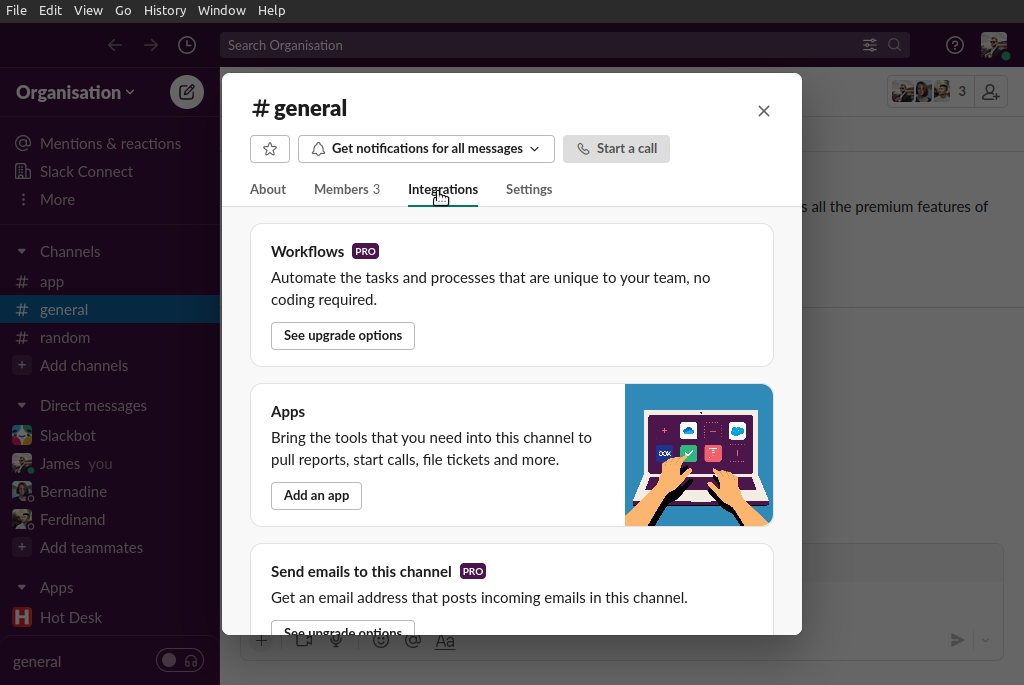 Image of the channel integrations tab in Slack