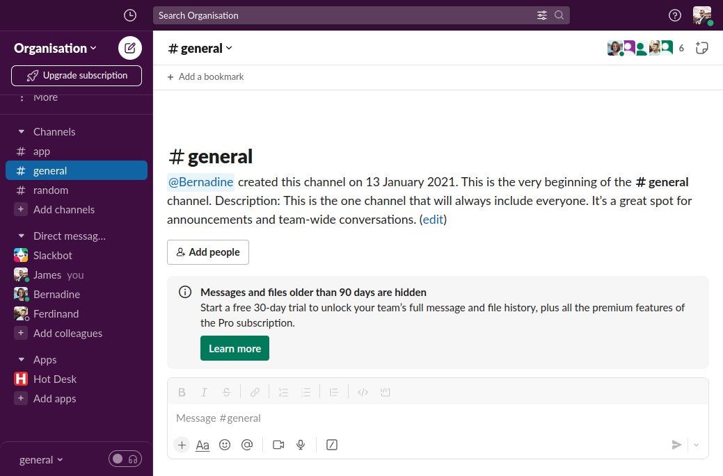 Image of the general channel in Slack