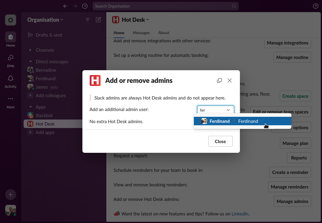 Dropdown to select a user to give admin permissions to