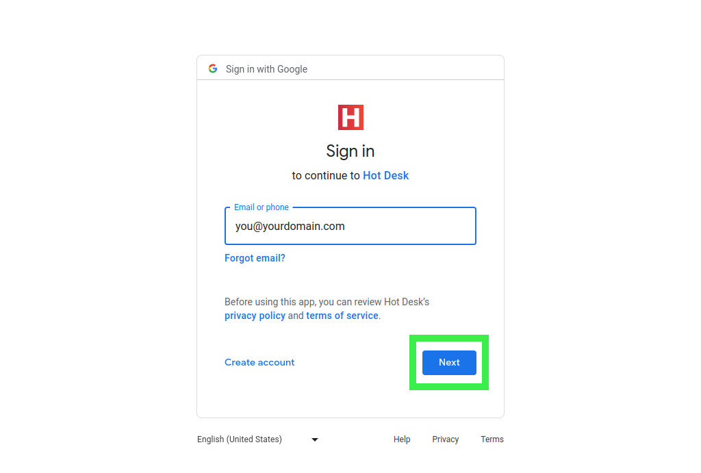 Google sign in form