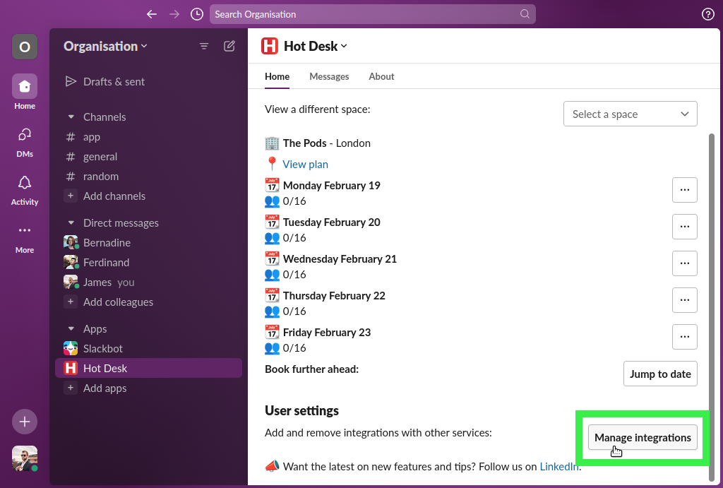 Hot Desk app within Slack with the manage integrations button highlighted