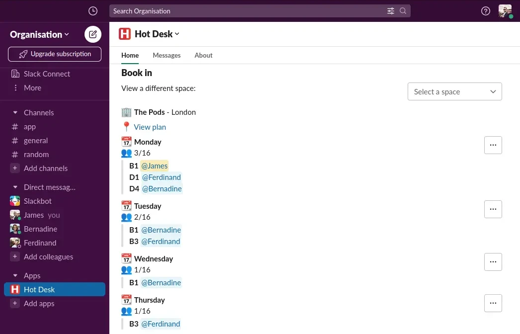 Hot Desk app within Slack