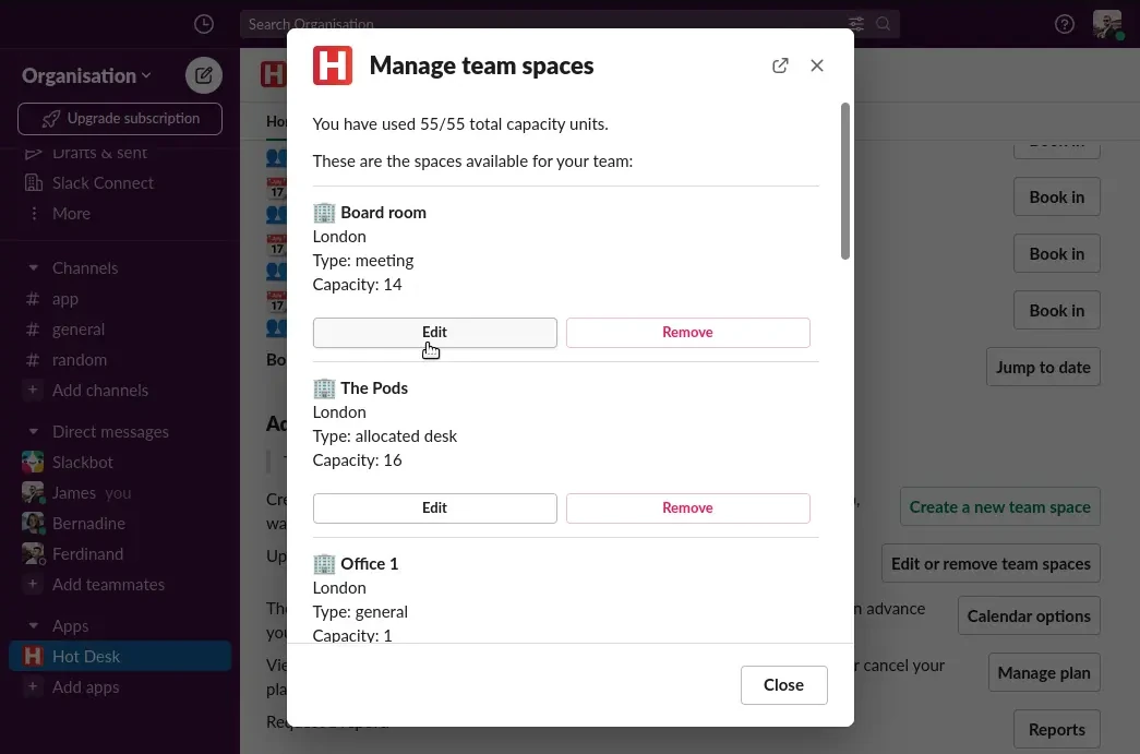 Image of Hot Desk app with pointer on button to edit a team space