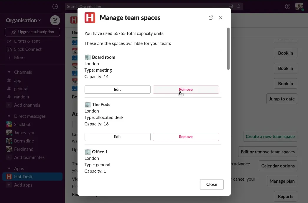Image of Hot Desk app with pointer on button to remove a team space