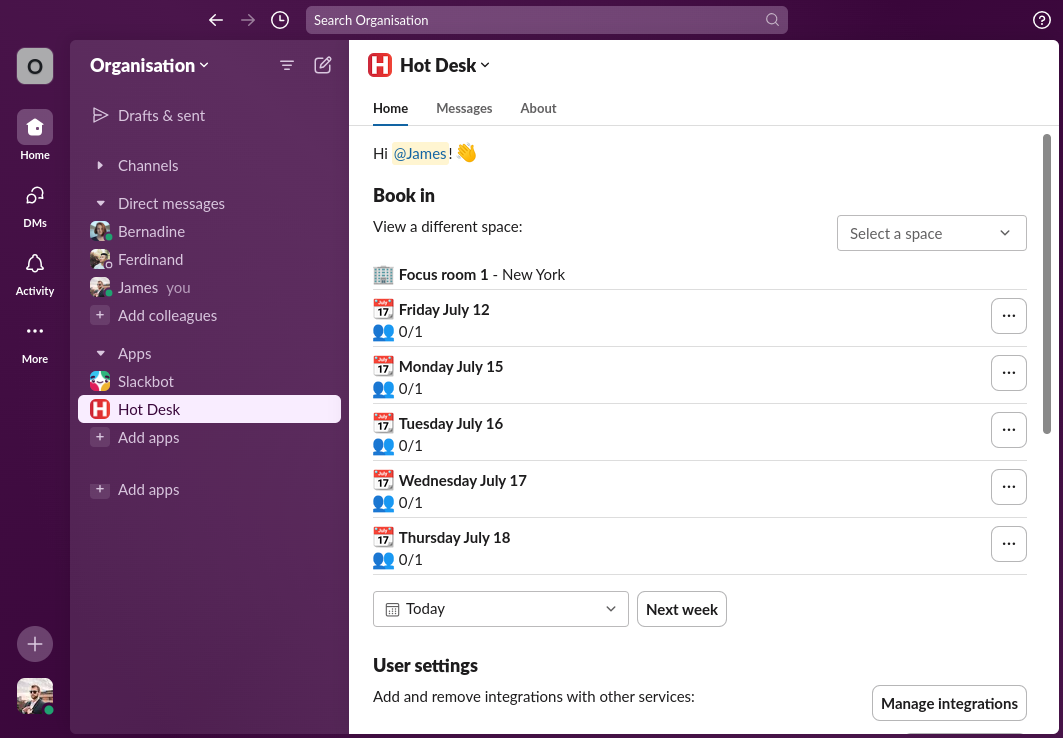 Hot Desk app within Slack