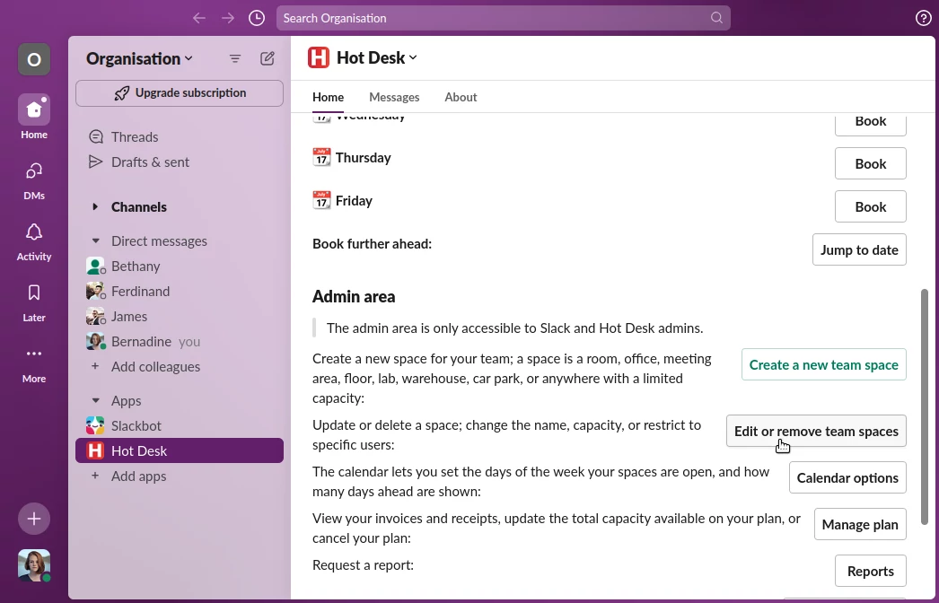 Hot Desk app within Slack with the edit team spaces button highlighted