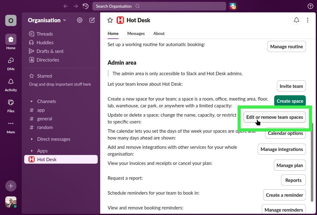 Hot Desk app with pointer on button to edit or remove a team space