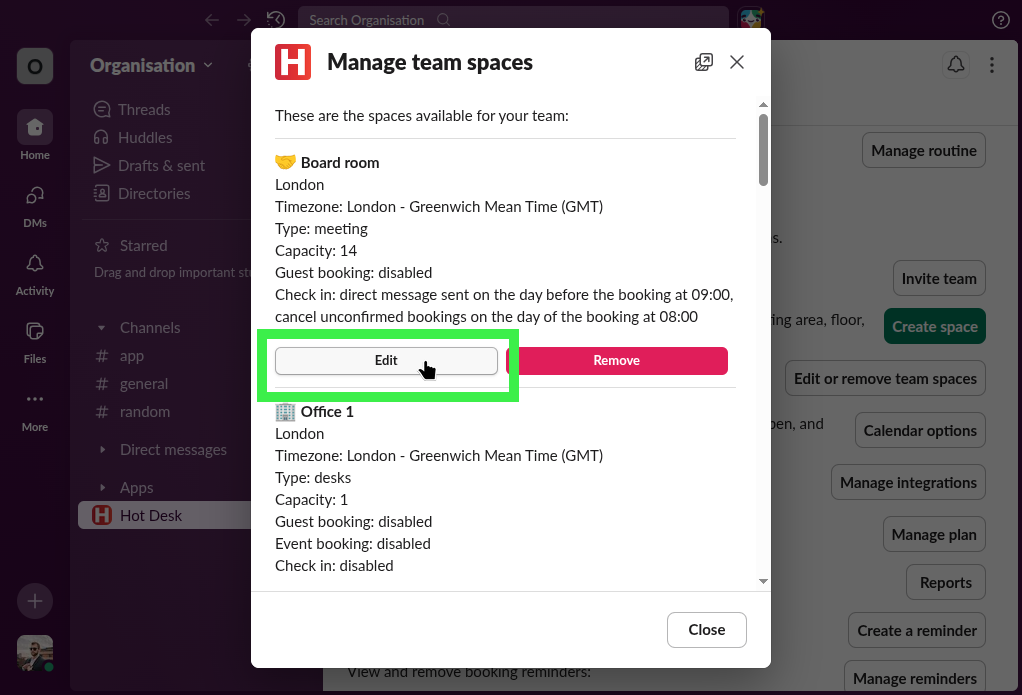 Hot Desk app with pointer on button to edit a workspace
