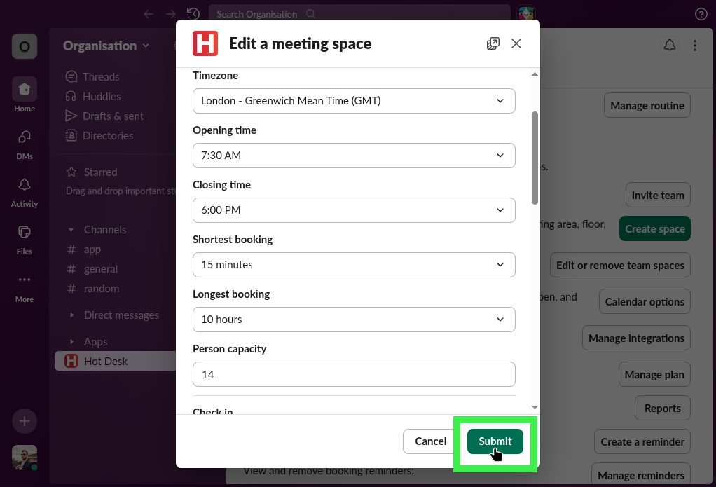 Space edit modal with pointer on button to save