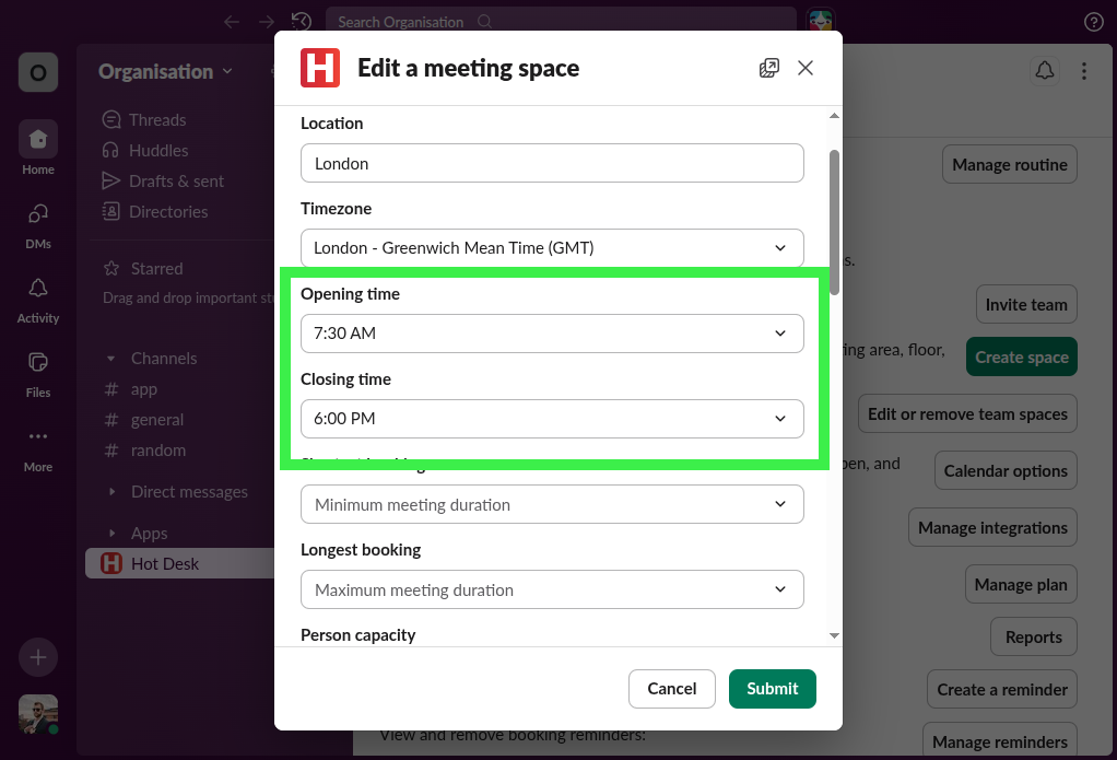 Workspace edit form showing opening and closing time fields