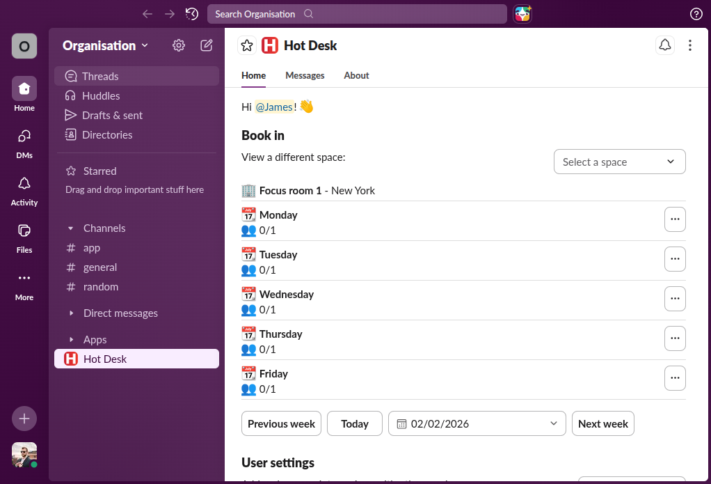 Hot Desk app within Slack