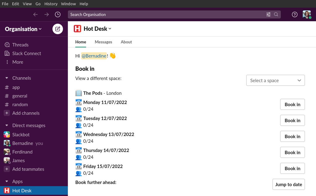 Image of Hot Desk app within Slack